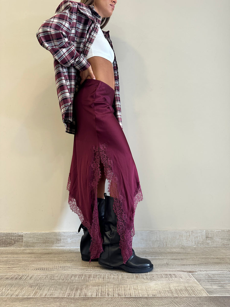 LMN gonna asimmetrica satin+pizzo bordeaux