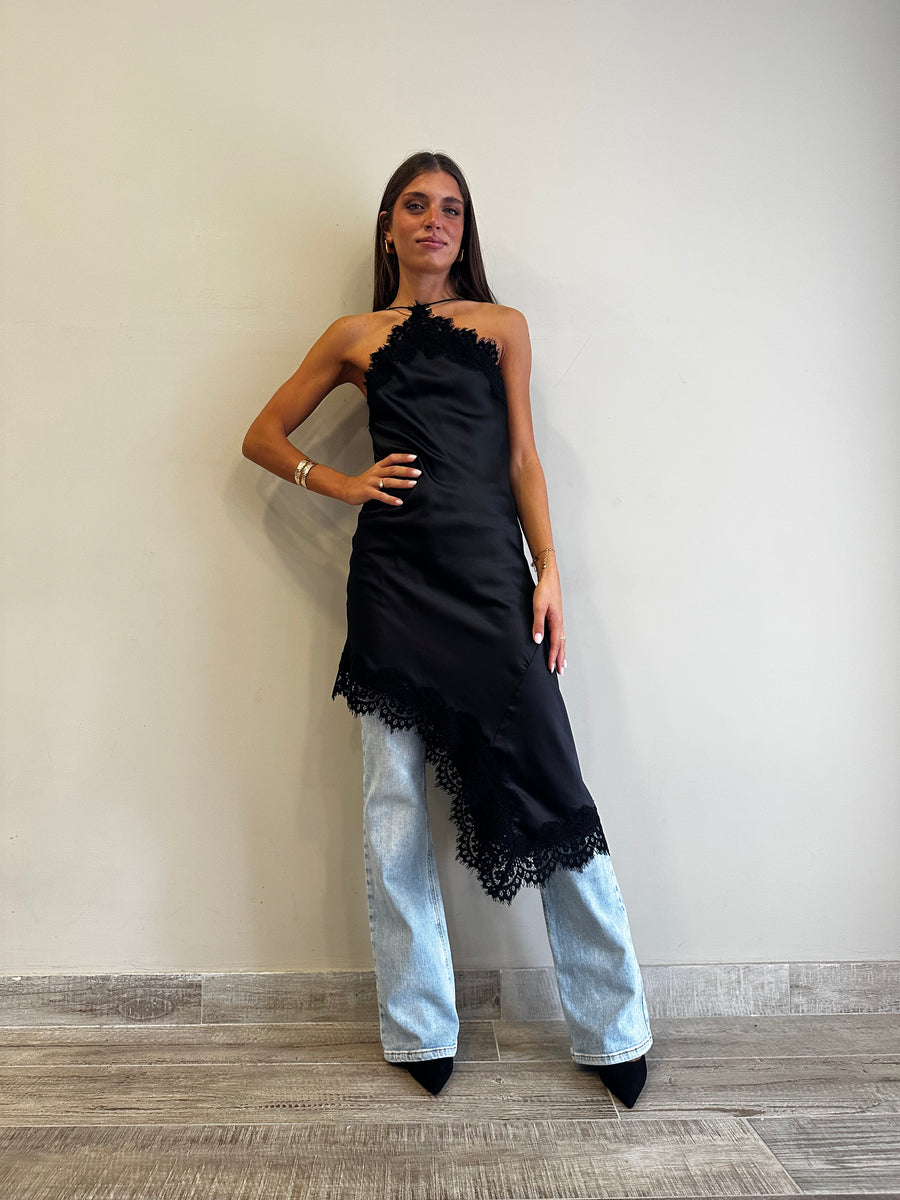 MOTEL Abito asimmetrico satin nero+pizzo