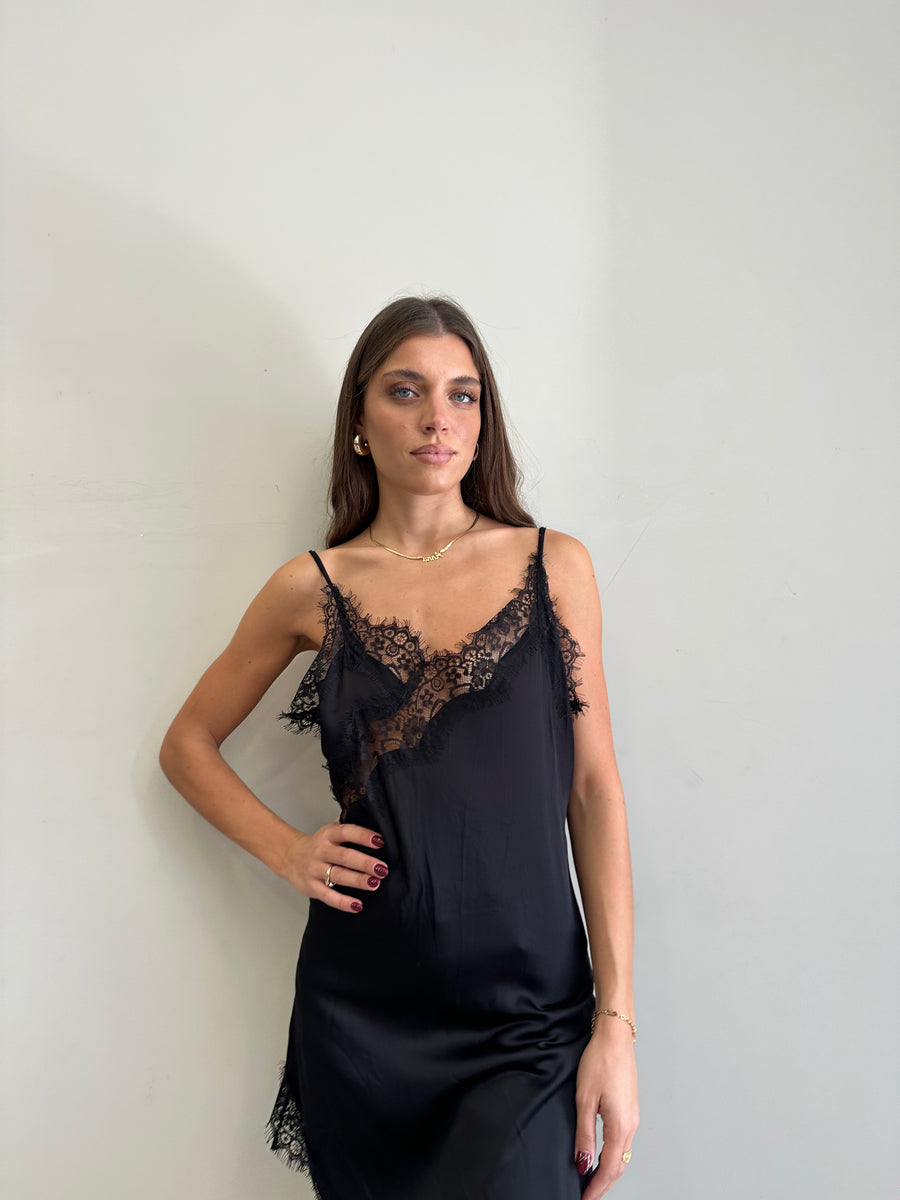 LMN Abito asimmetrico satin e pizzo nero