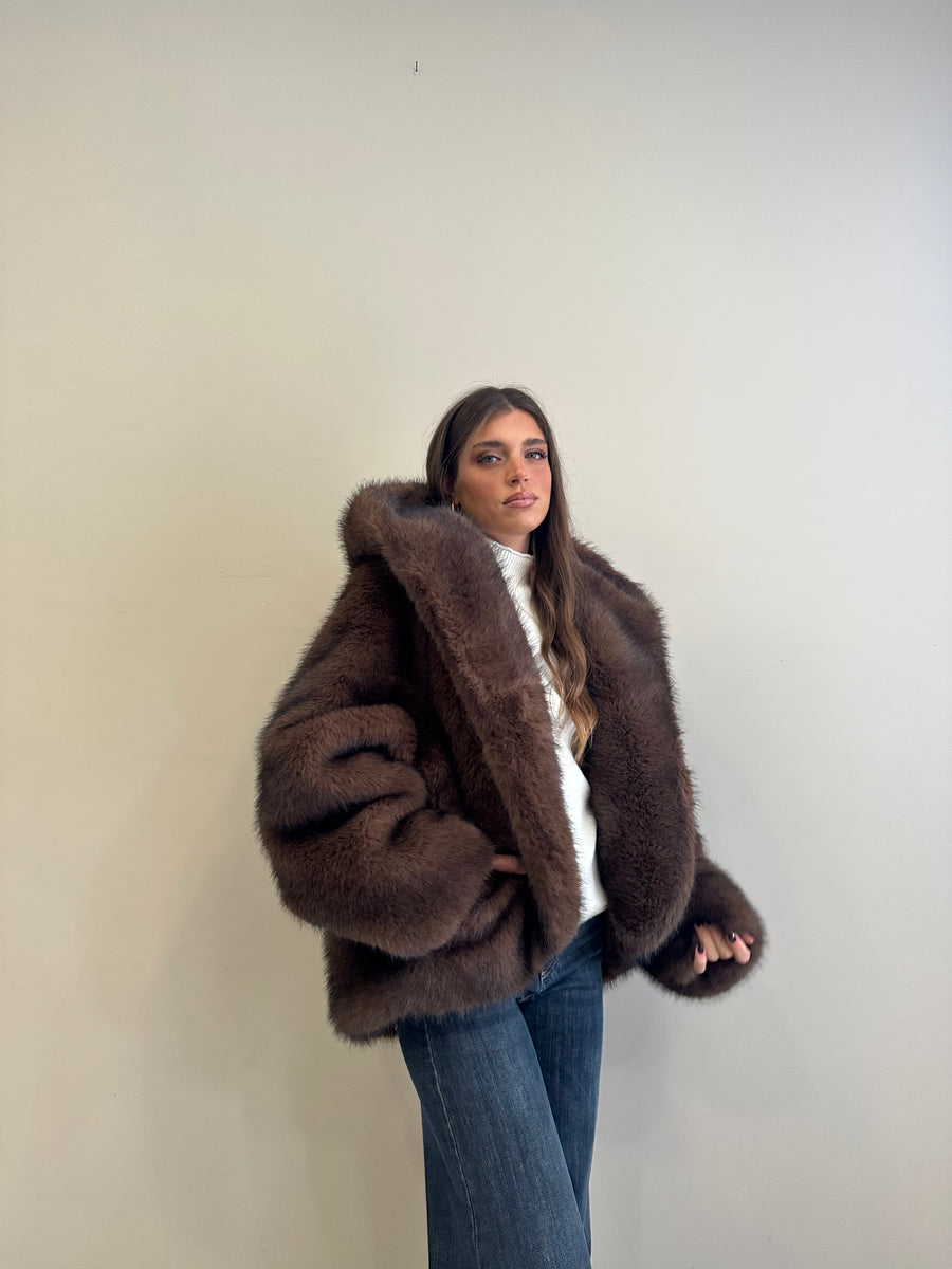 LE STREGHE Giaccone eco pelliccia cappuccio moro