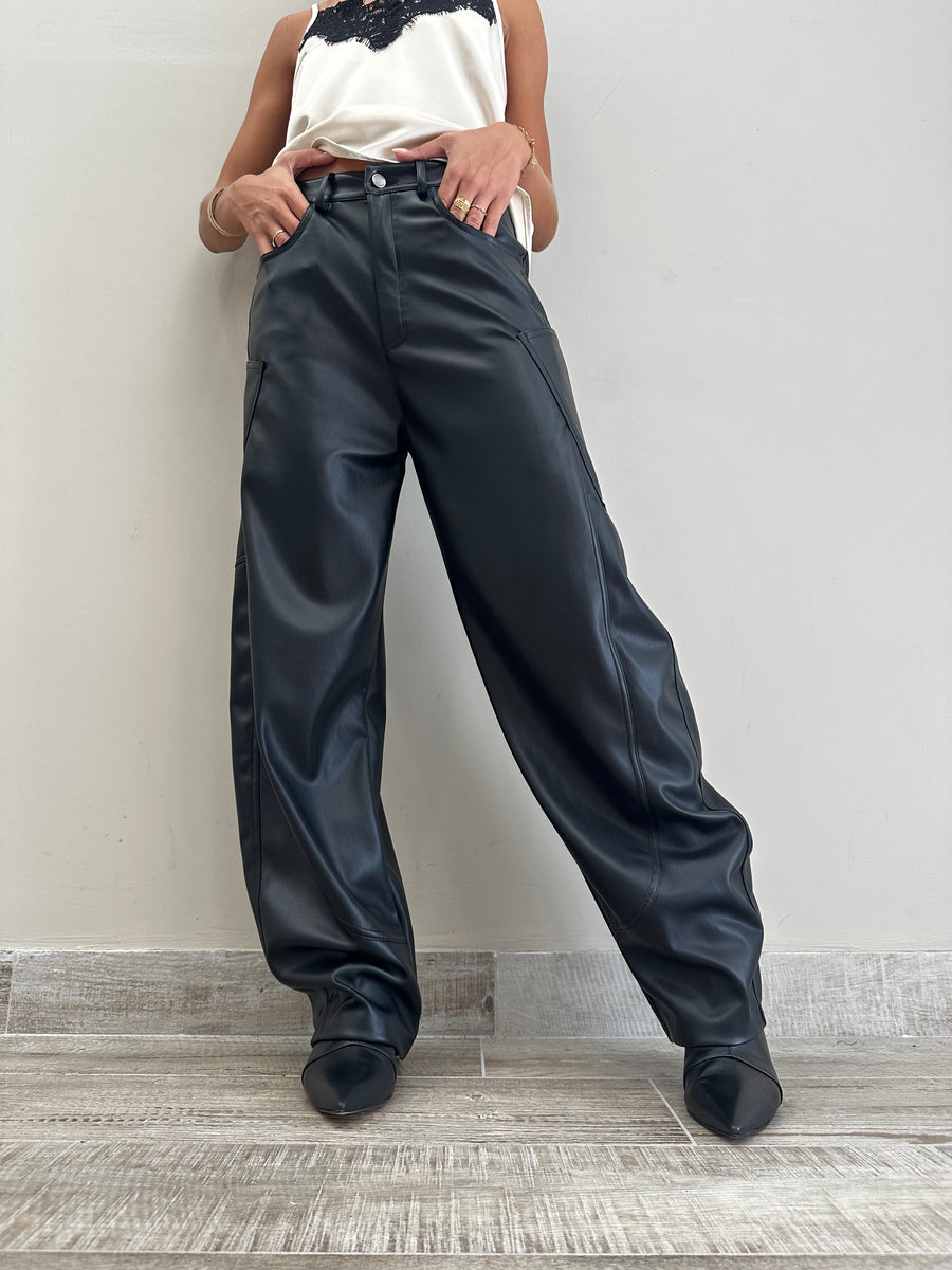 LMN Pantalone barrel ecopelle nero