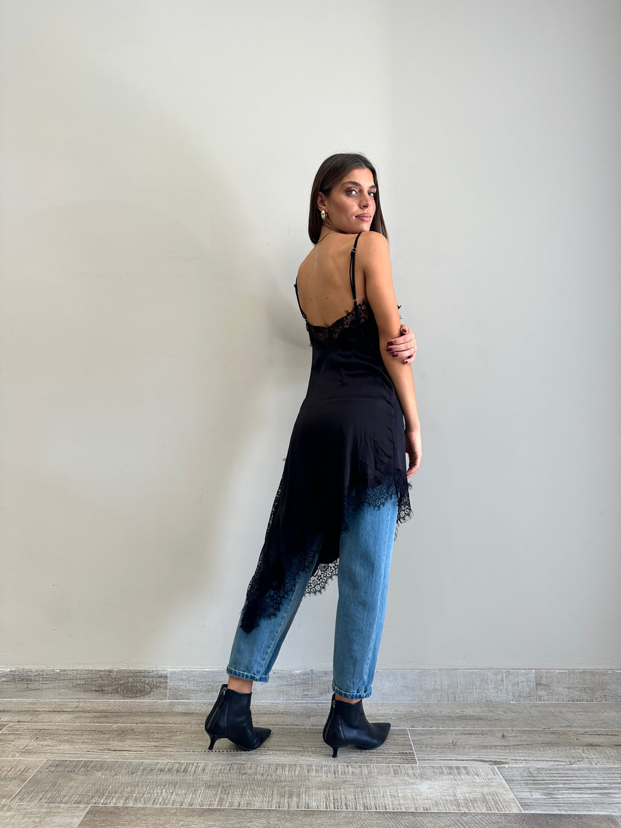 LMN Abito asimmetrico satin e pizzo nero