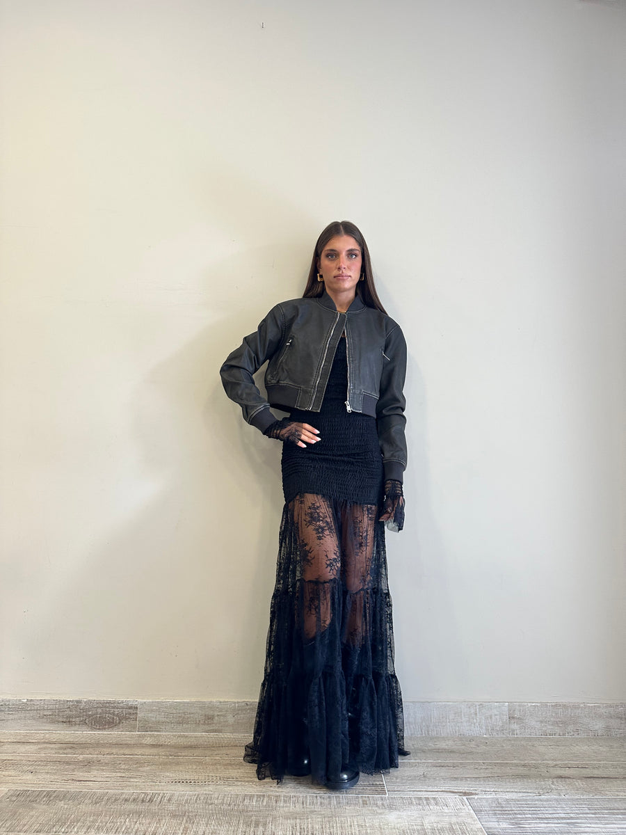 GIPSY INSIDE Bomber crop nero effetto invecchiato