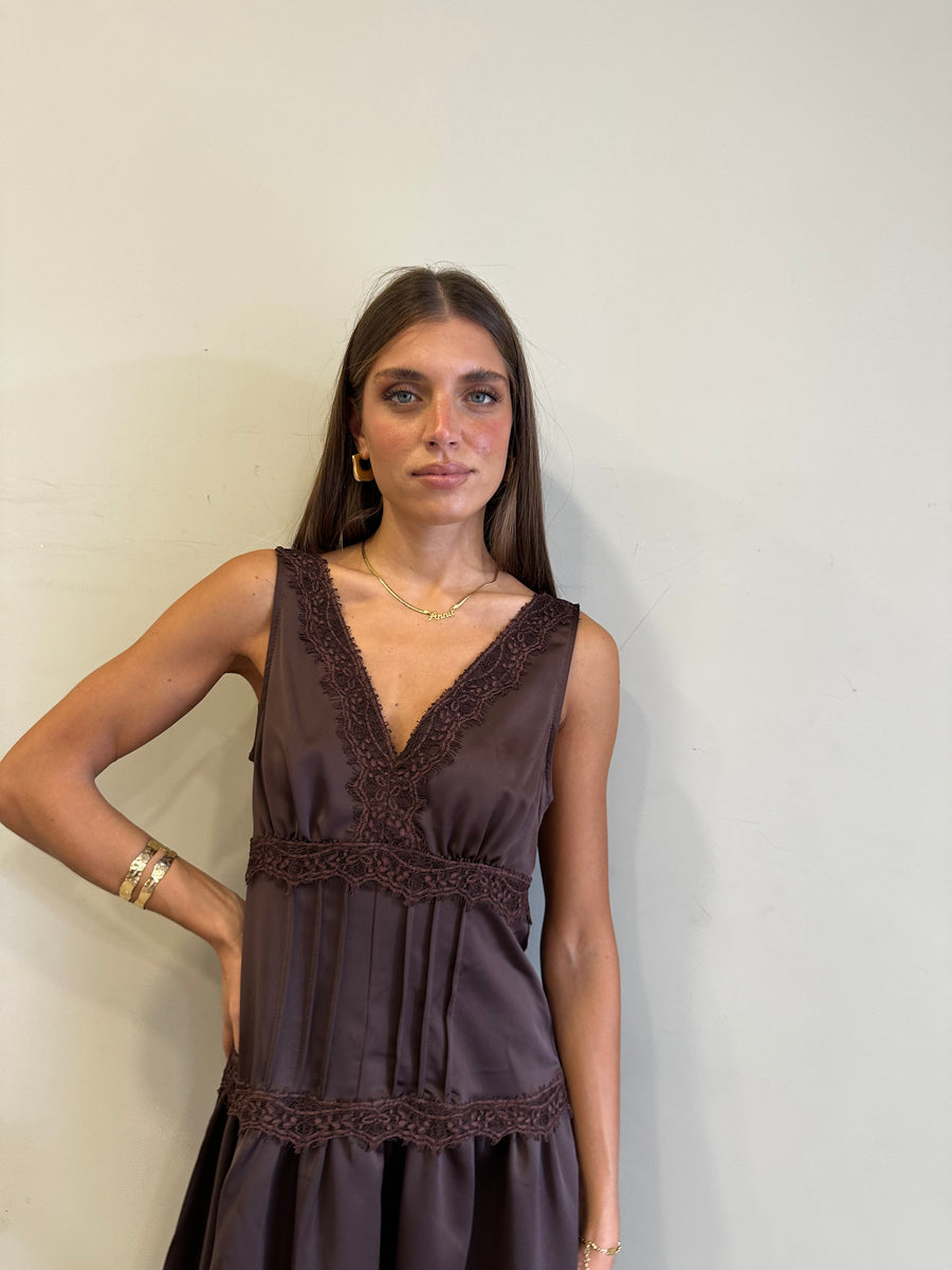 MOTEL Abito satin pizzo moro