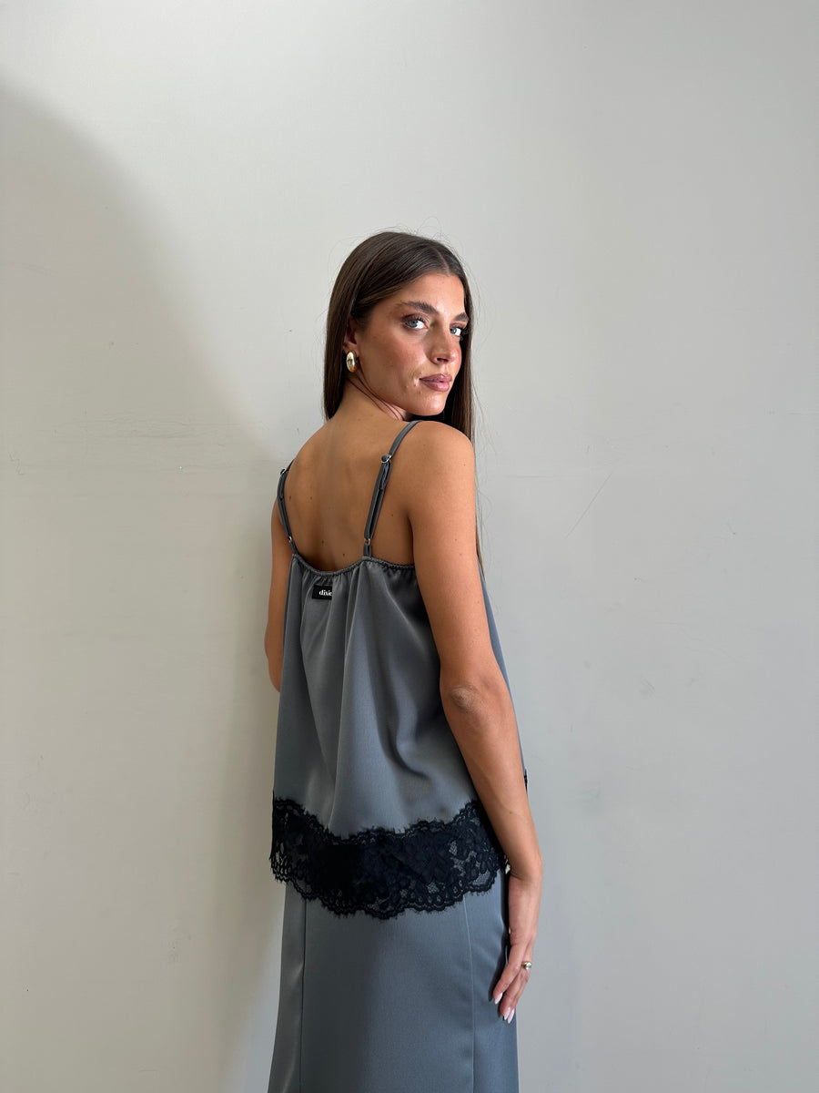 DIXIE Top satin grigio+pizzo nero