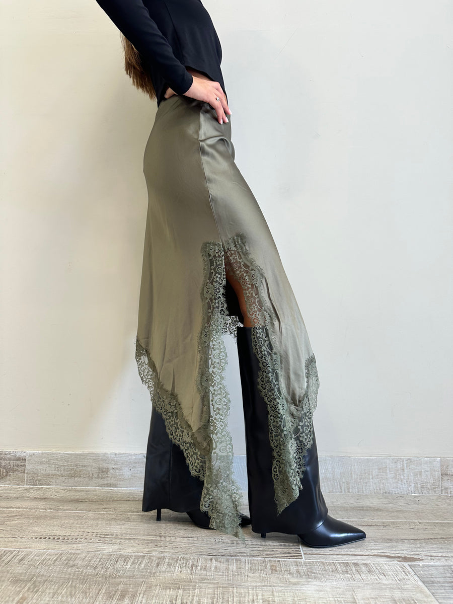 LMN gonna asimmetrica satin verde militare+pizzo
