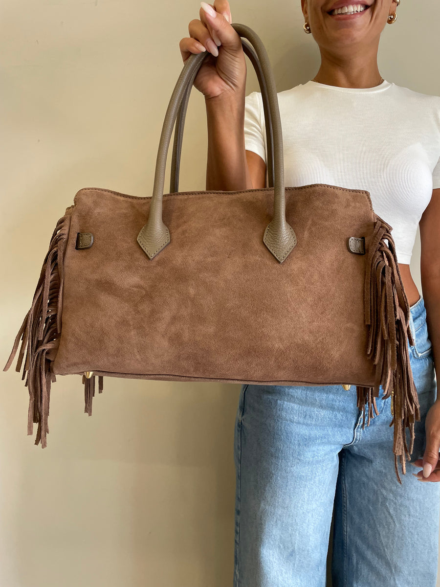 GIPSY INSIDE Maxi bag camoscio frange tortora
