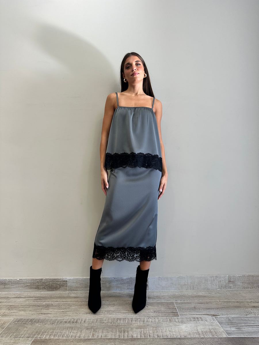 DIXIE Top satin grigio+pizzo nero