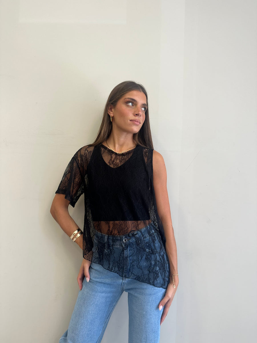 MOTEL Top asimmetrico pizzo nero
