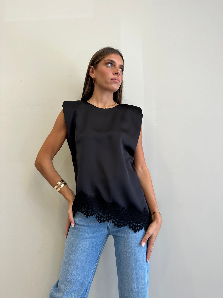 MOTEL Top satin asimmetrico nero