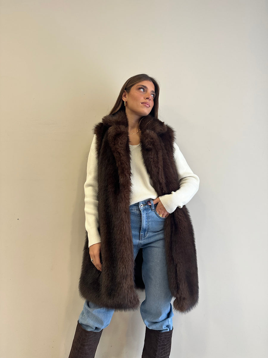 LE STREGHE Gilet lungo eco pelliccia moro