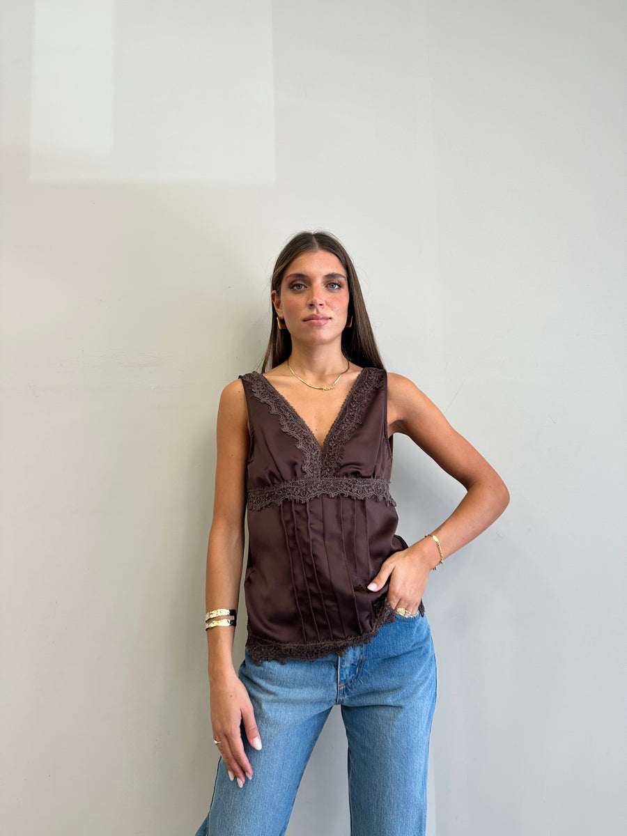 MOTEL Top satin pizzo moro