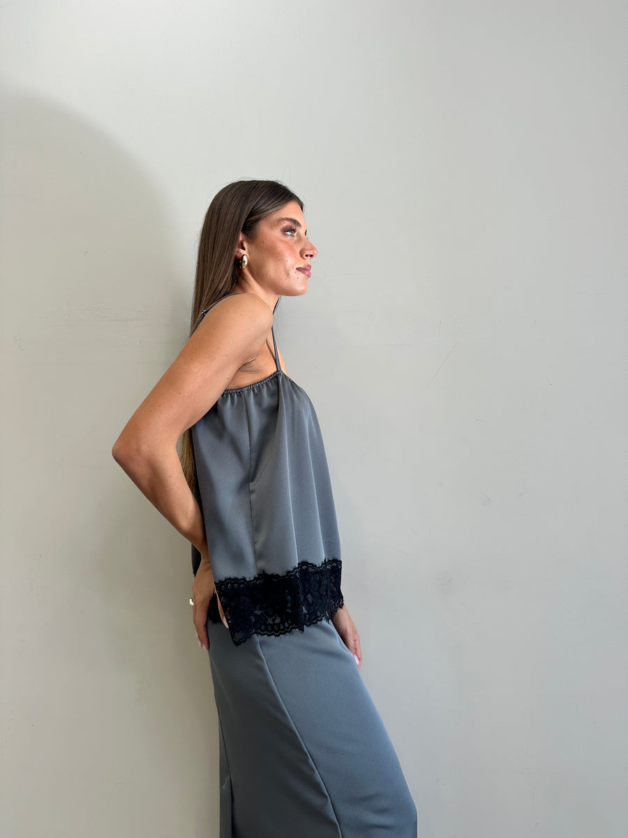 DIXIE Top satin grigio+pizzo nero