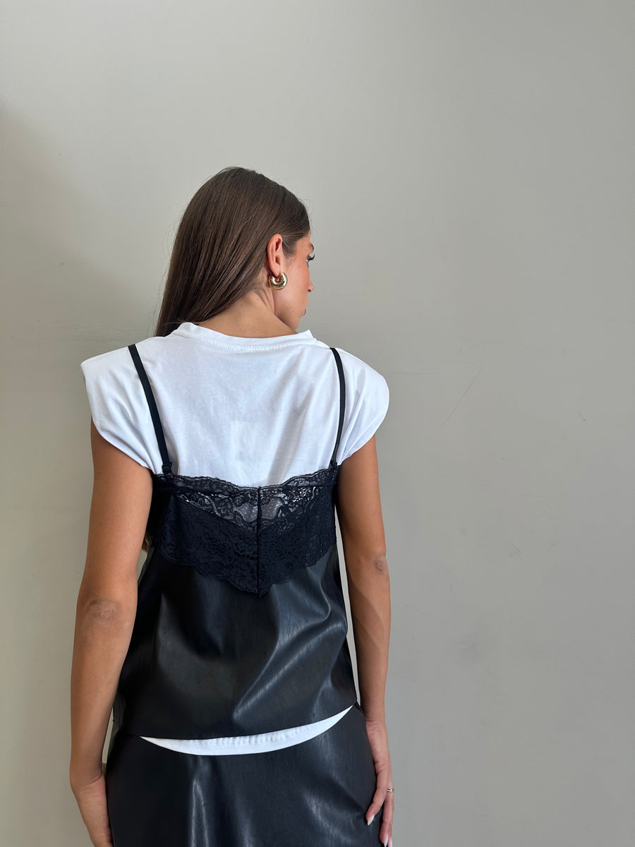 DIXIE Top ecopelle pizzo nero e t-shirt bianca