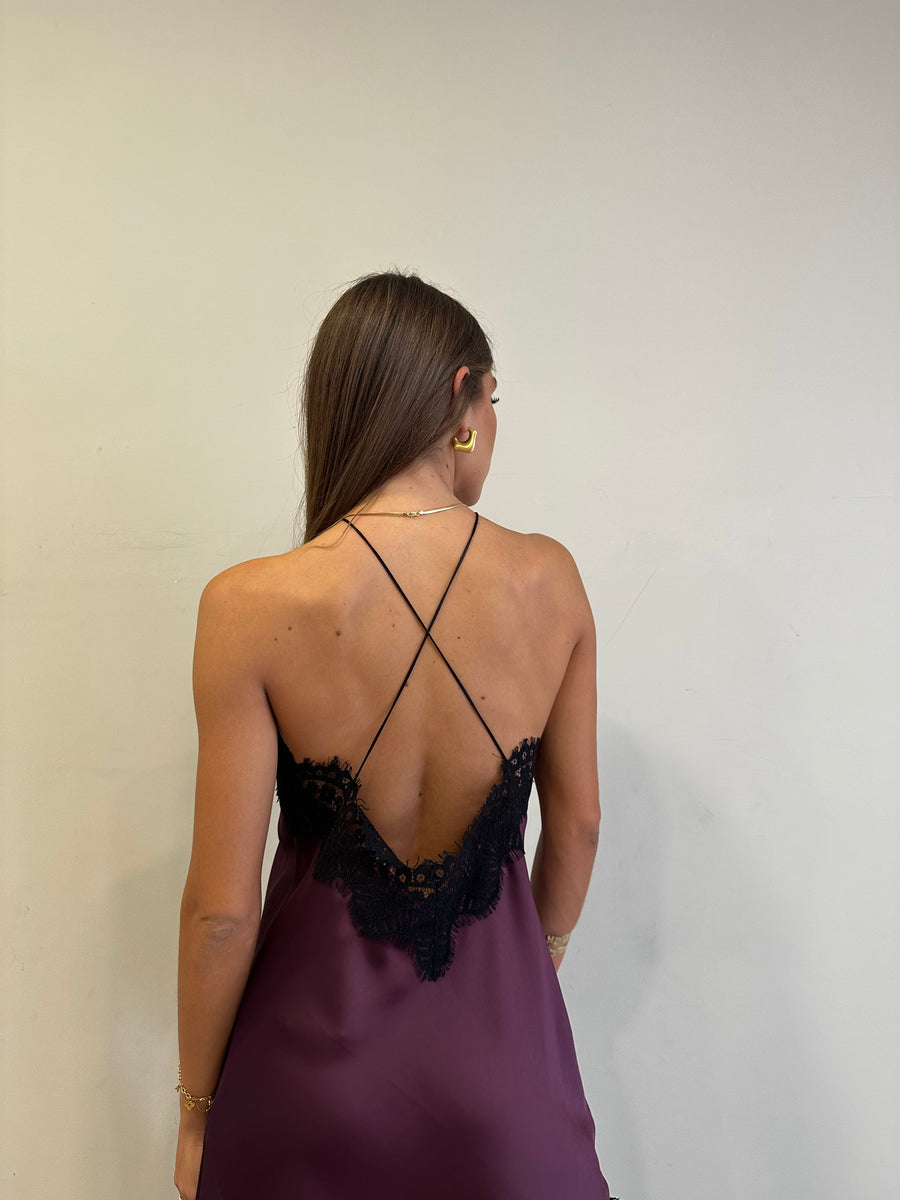 MOTEL Abito asimmetrico satin bordeaux+ pizzo