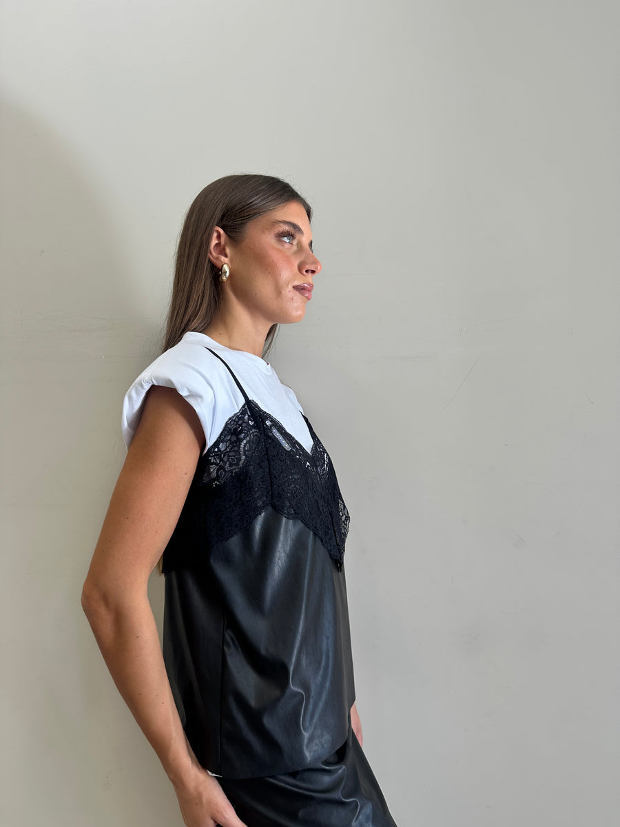 DIXIE Top ecopelle pizzo nero e t-shirt bianca