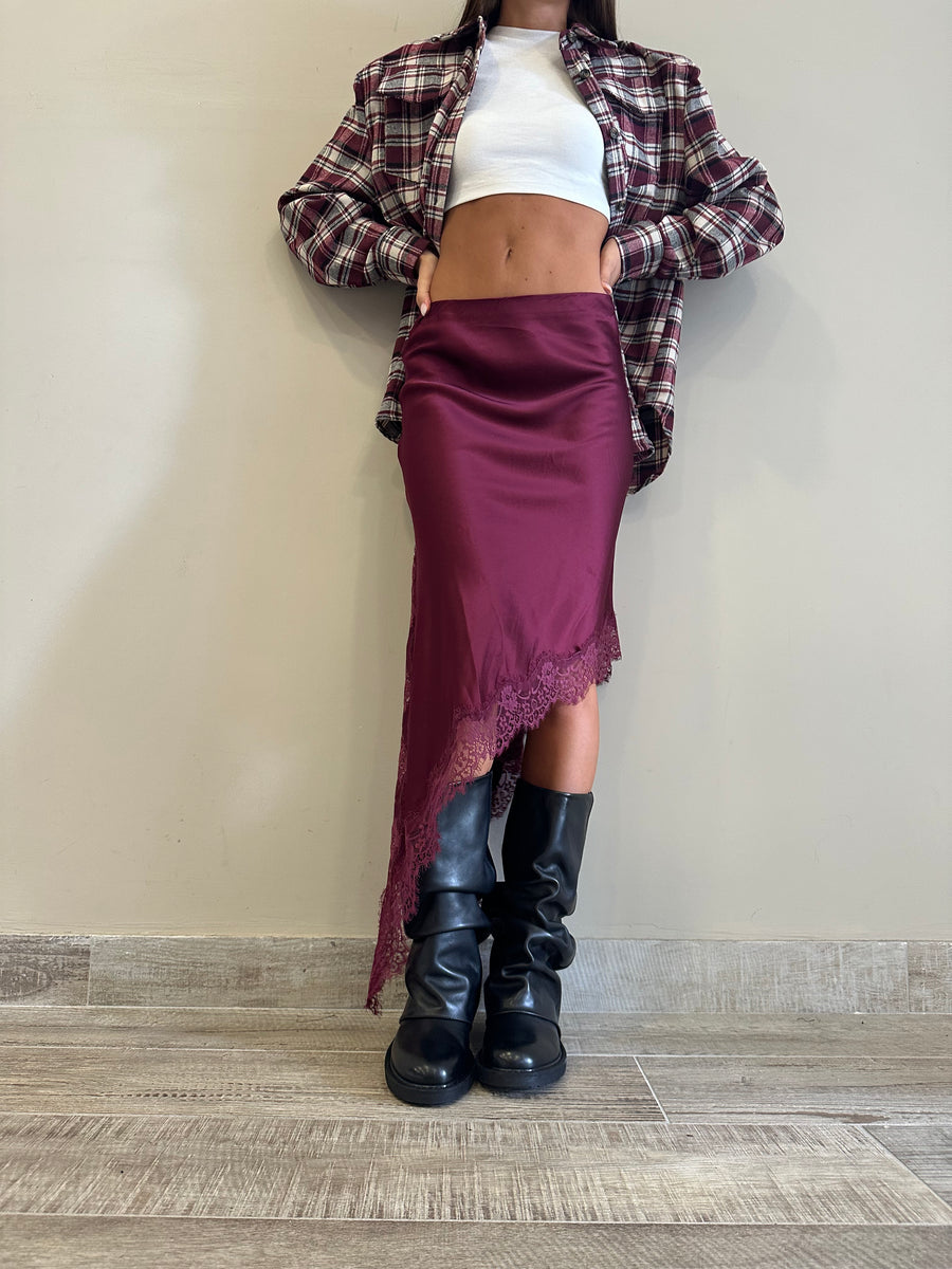 LMN gonna asimmetrica satin+pizzo bordeaux