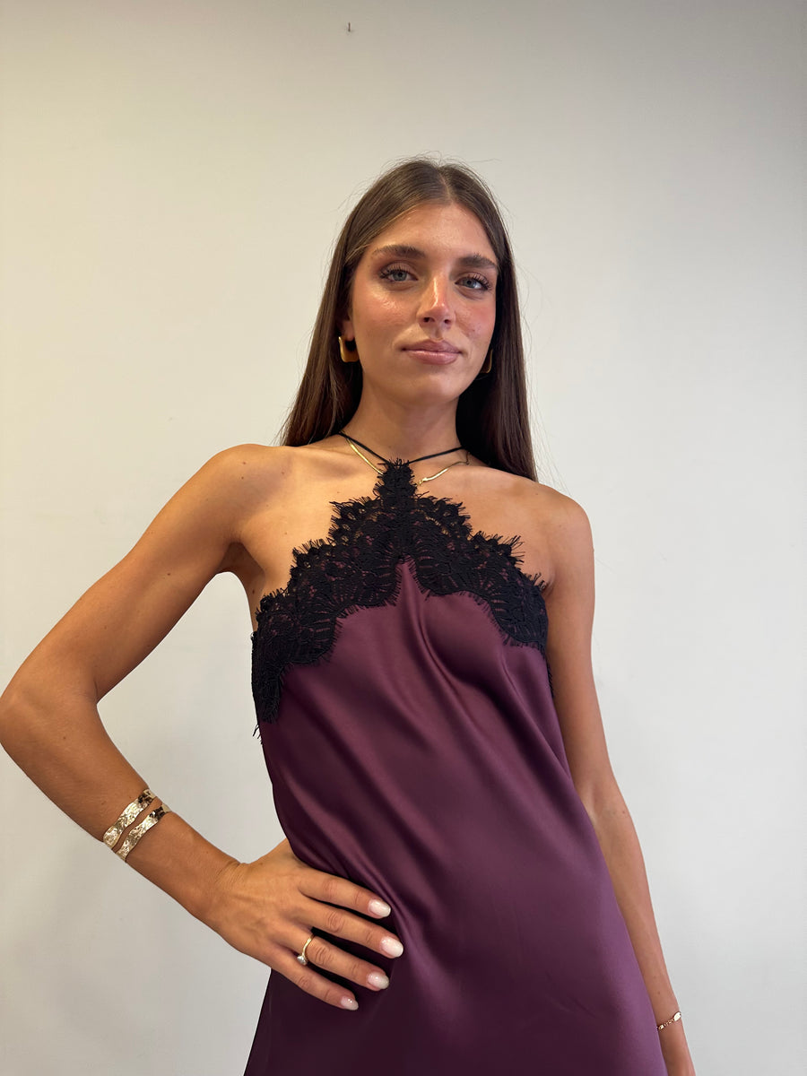 MOTEL Abito asimmetrico satin bordeaux+ pizzo