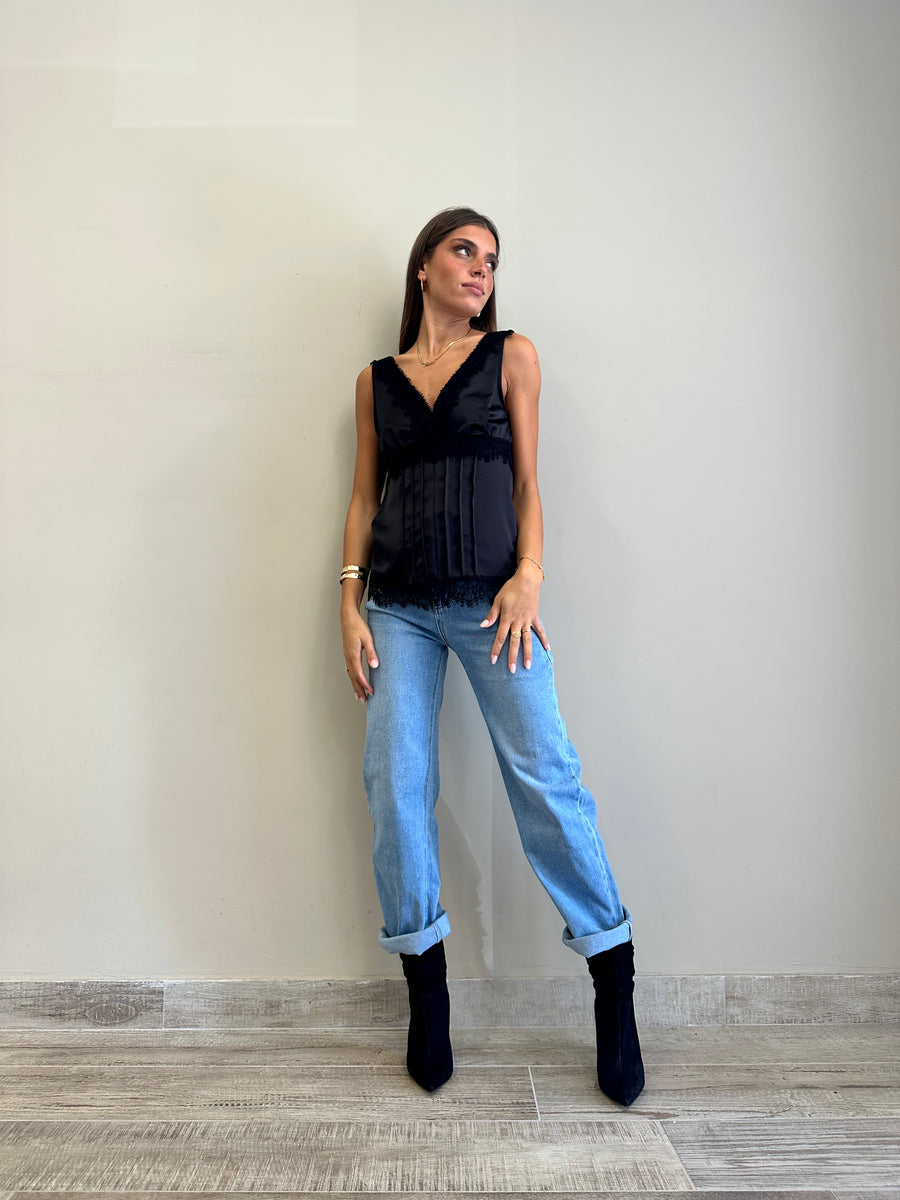 MOTEL Top satin pizzo nero