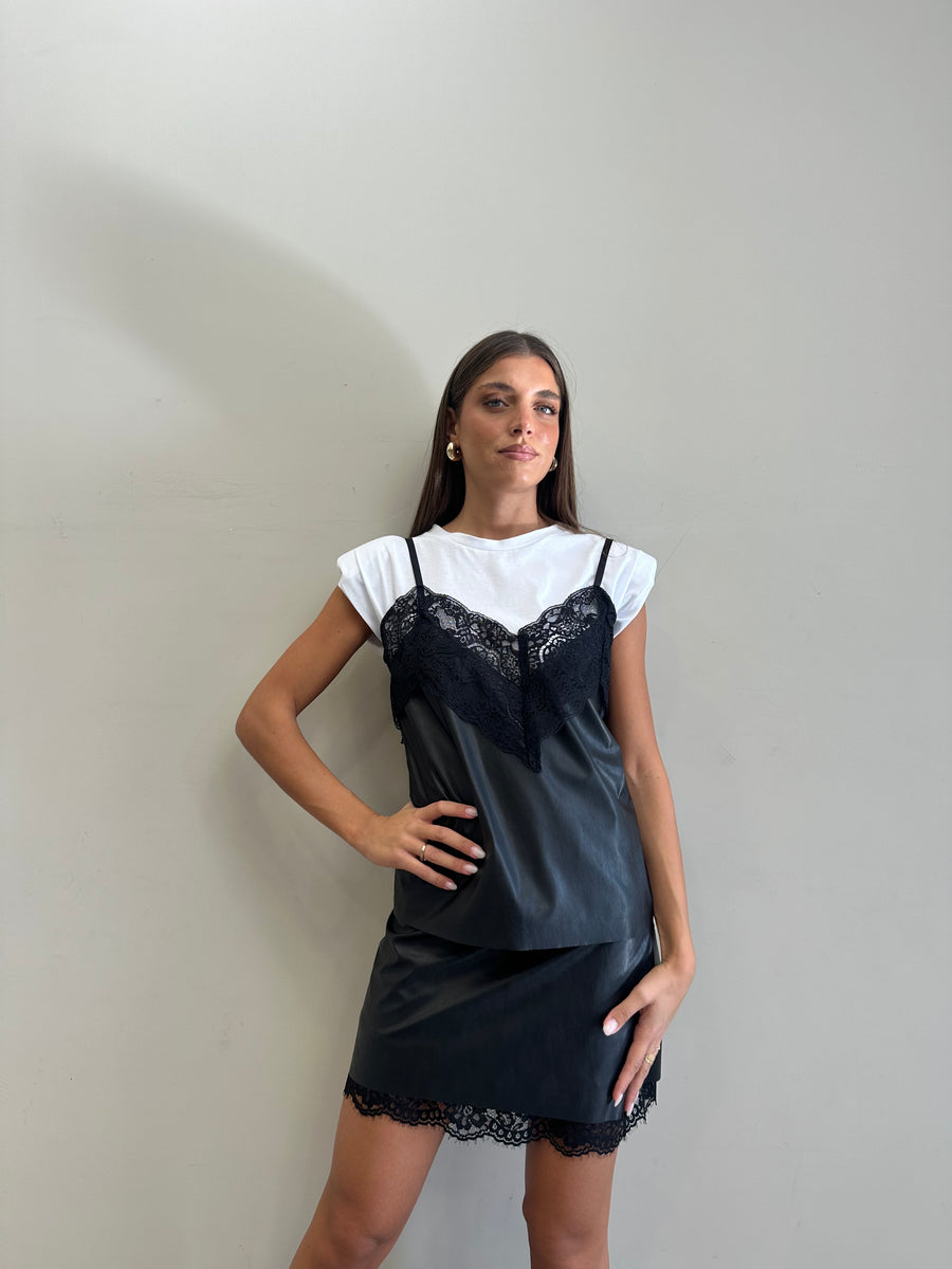 DIXIE Top ecopelle pizzo nero e t-shirt bianca