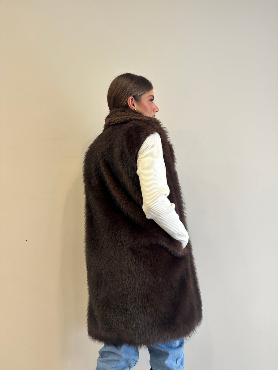 LE STREGHE Gilet lungo eco pelliccia moro