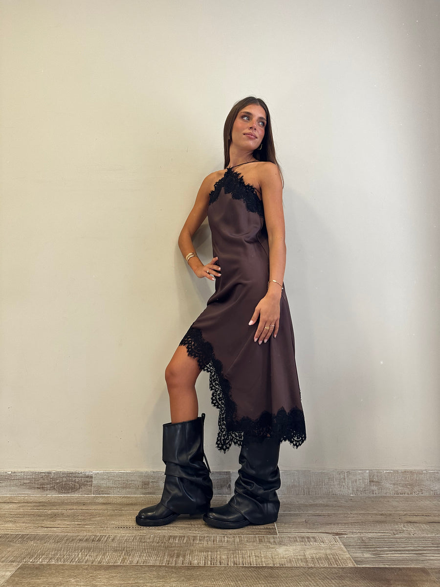 MOTEL abito asimmetrico satin moro+pizzo
