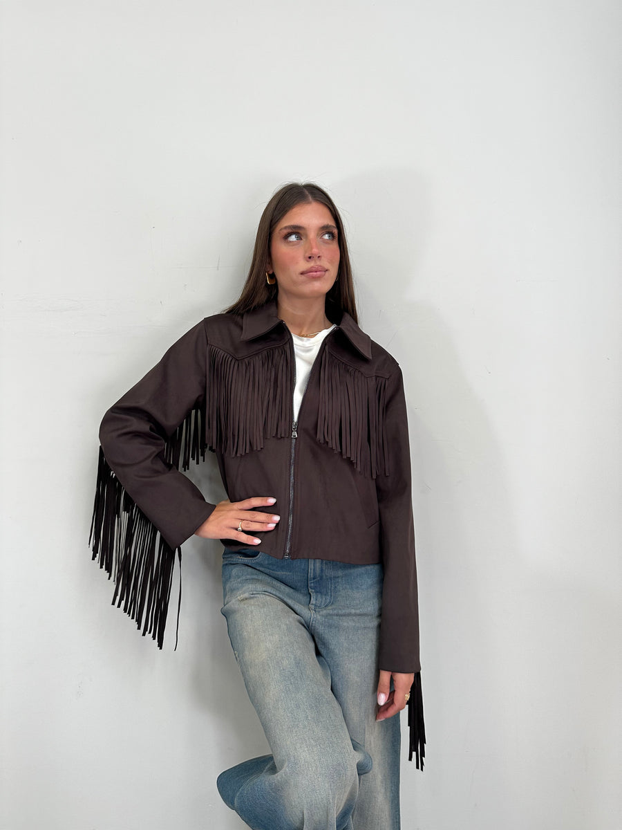LMN Giacca eco daino moro frange