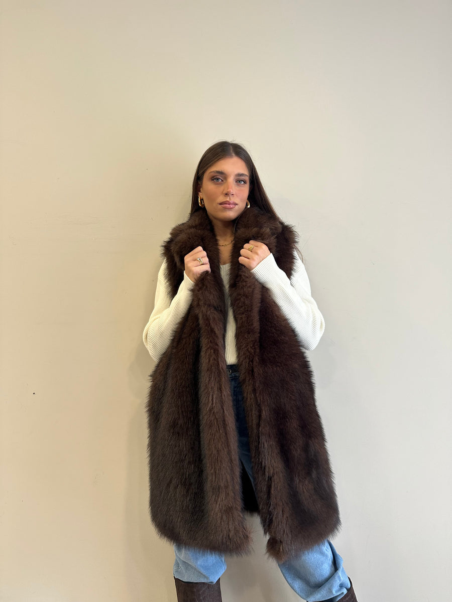 LE STREGHE Gilet lungo eco pelliccia moro