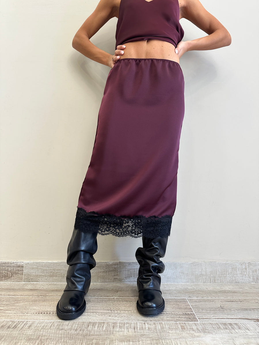 DIXIE Gonna satin bordeaux+ pizzo nero