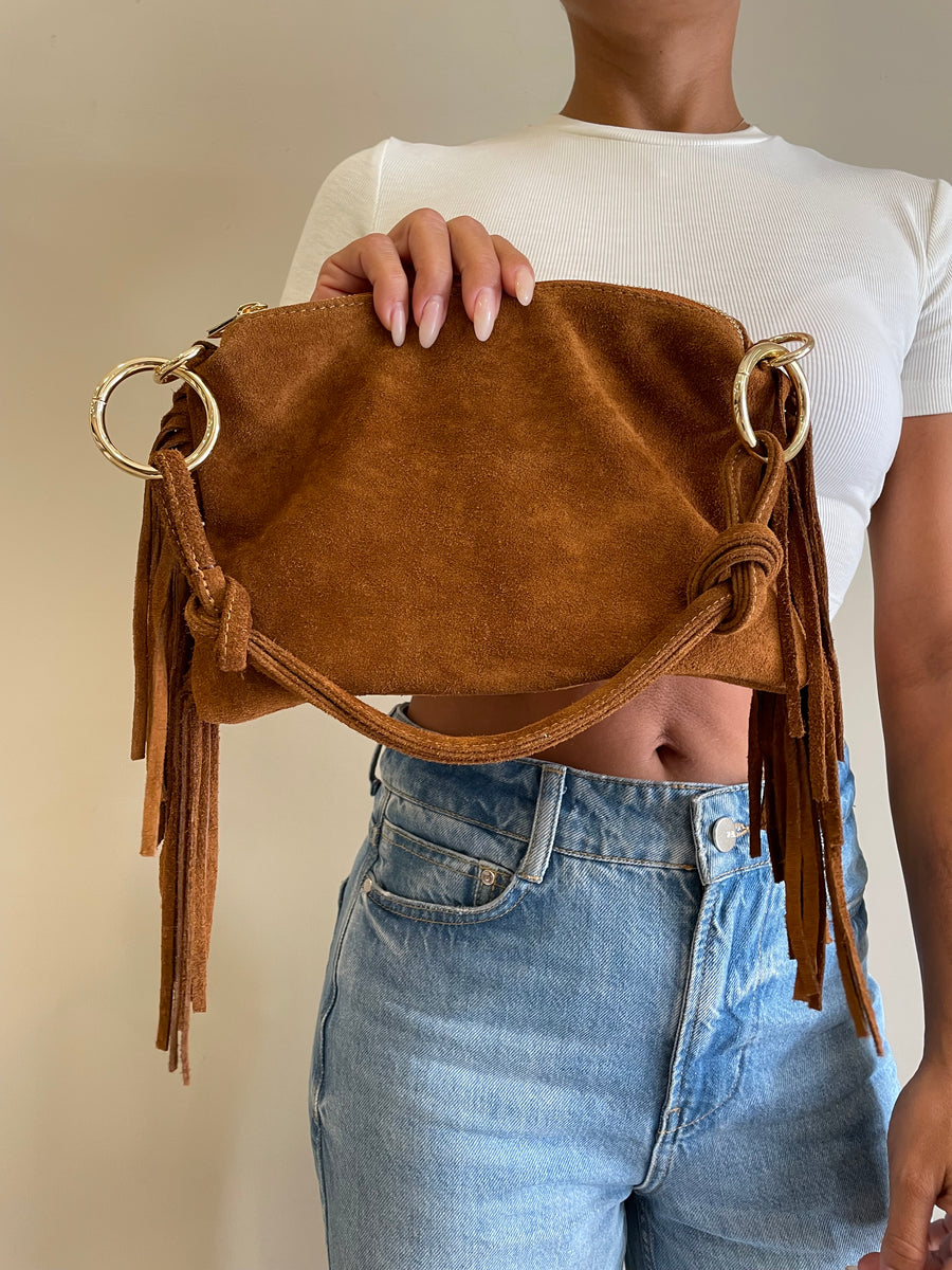 GIPSY INSIDE Borsa camoscio cuoio frange