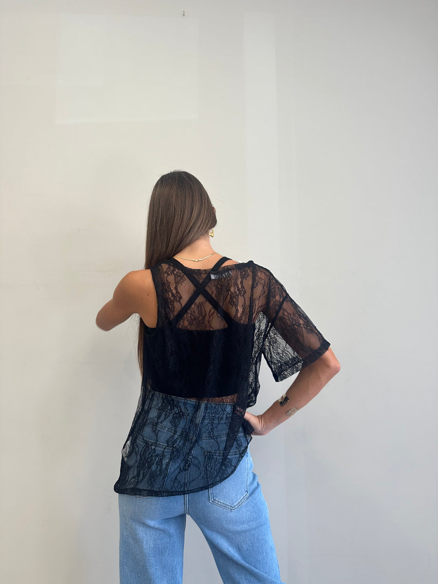 MOTEL Top asimmetrico pizzo nero