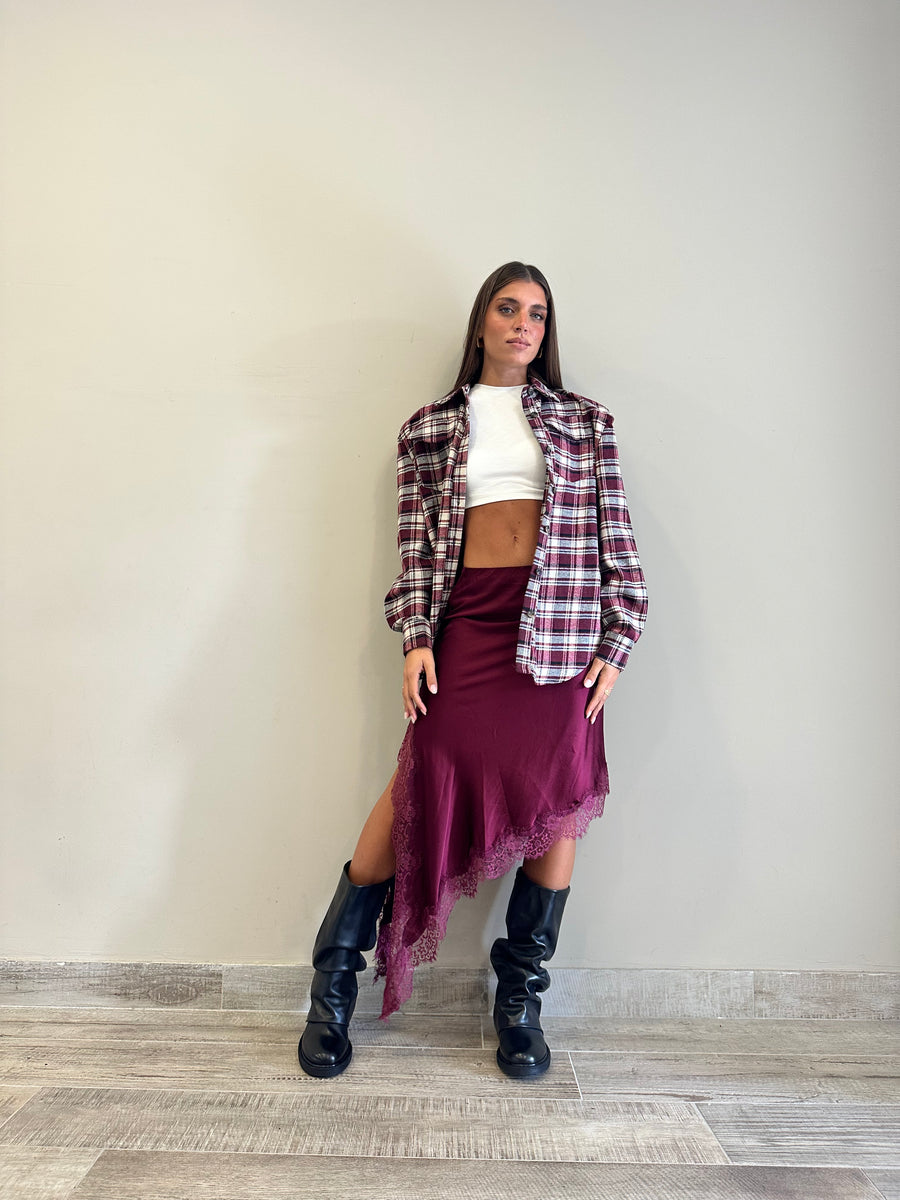 LMN gonna asimmetrica satin+pizzo bordeaux