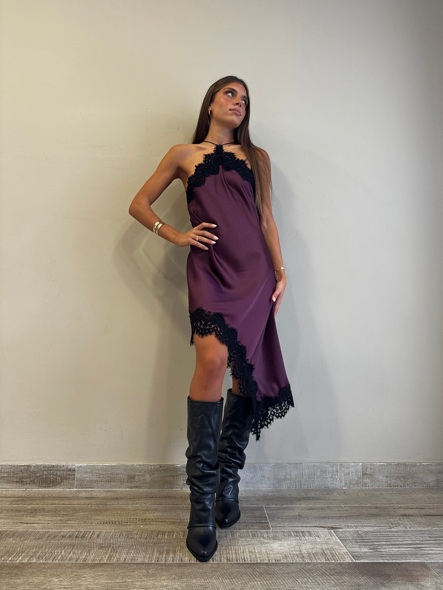 MOTEL Abito asimmetrico satin bordeaux+ pizzo