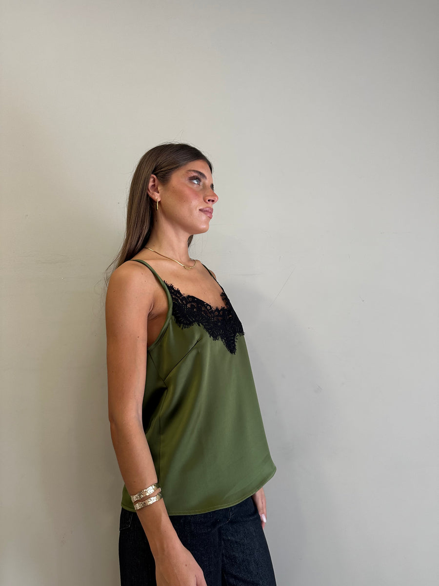 MOTEL Top satin verde oliva+pizzo
