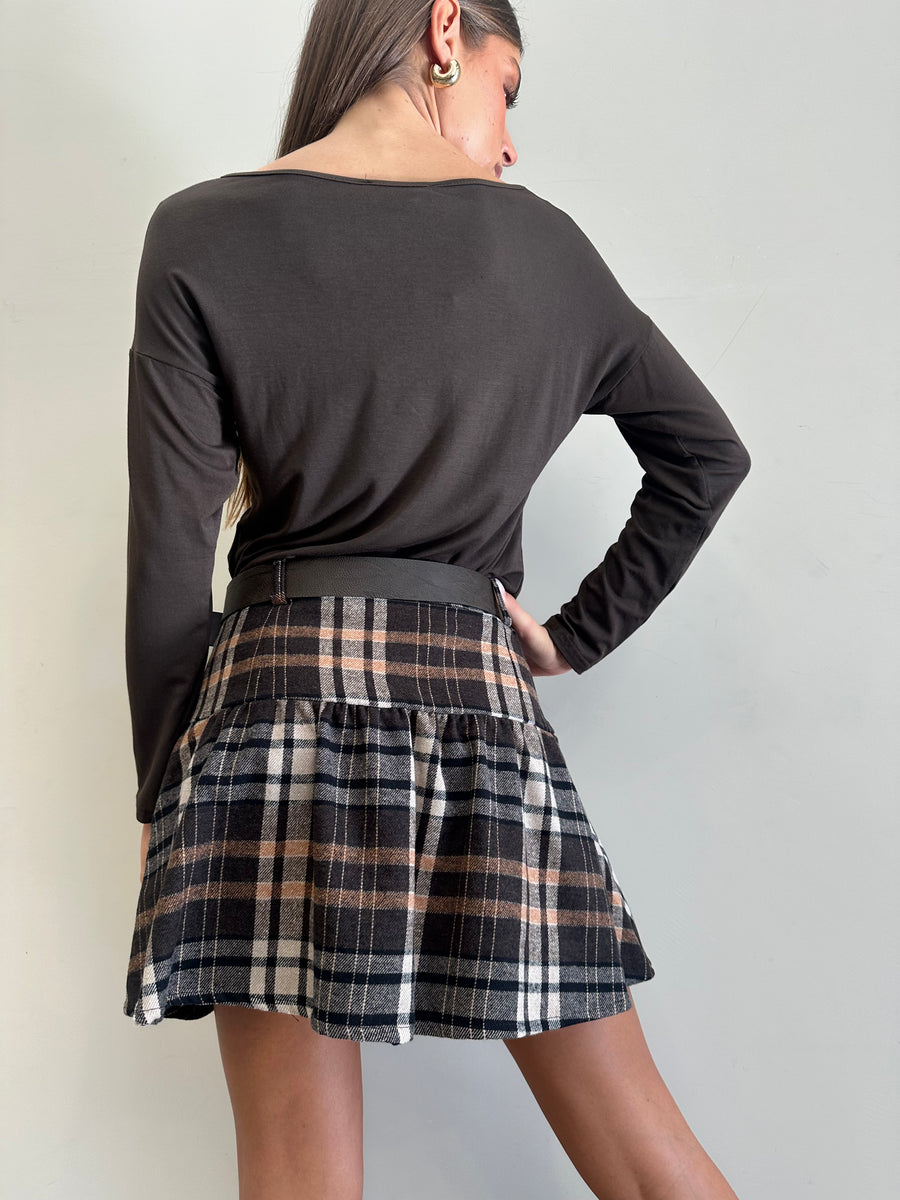 DIXIE Gonna corta quadri moro/cuoio