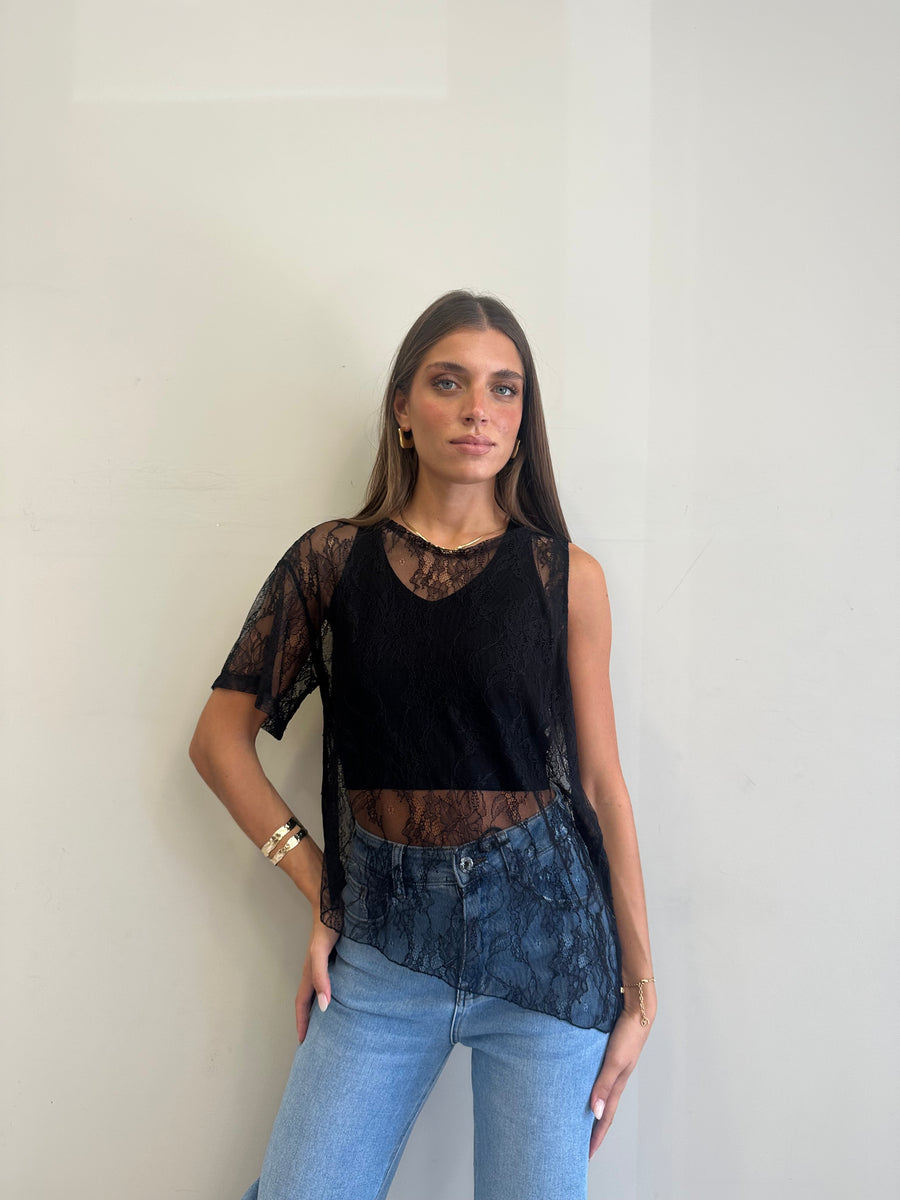 MOTEL Top asimmetrico pizzo nero