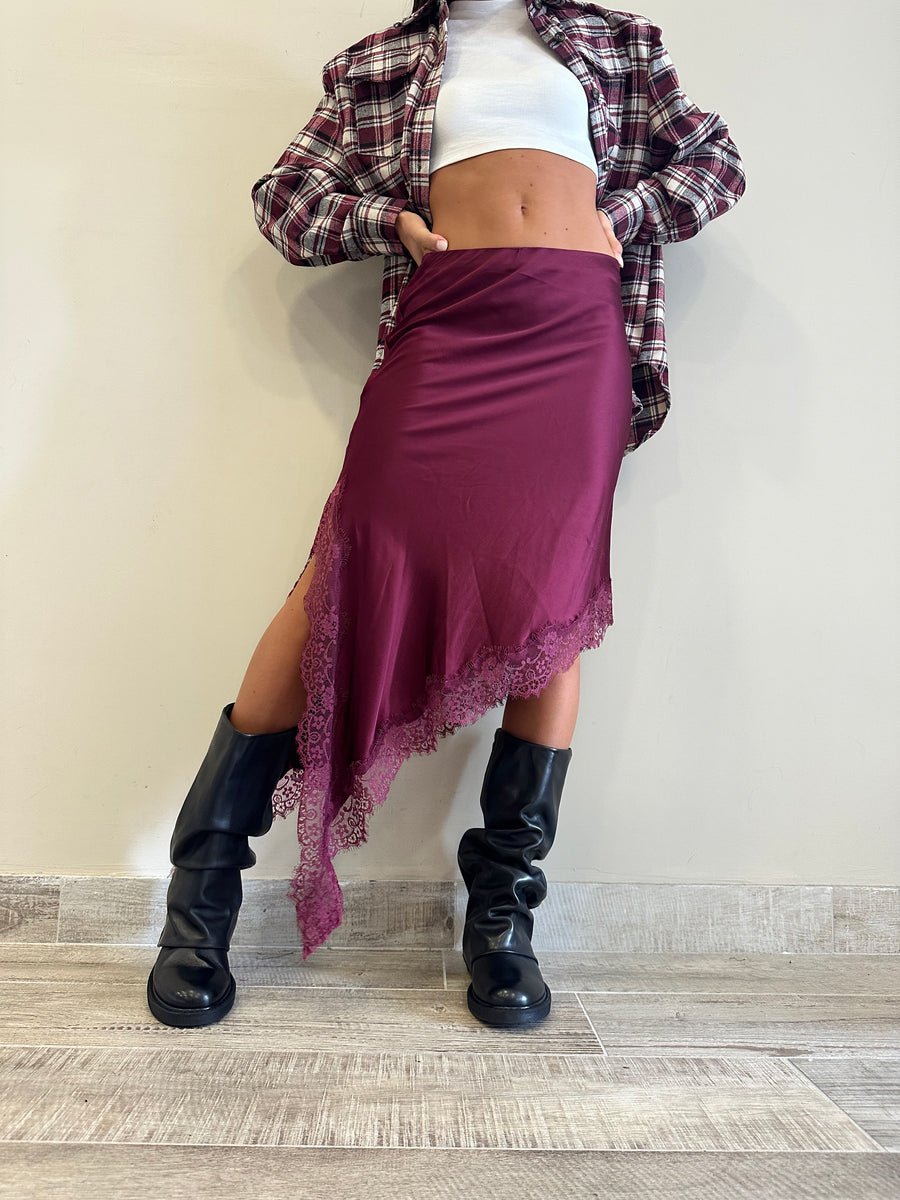 LMN gonna asimmetrica satin+pizzo bordeaux