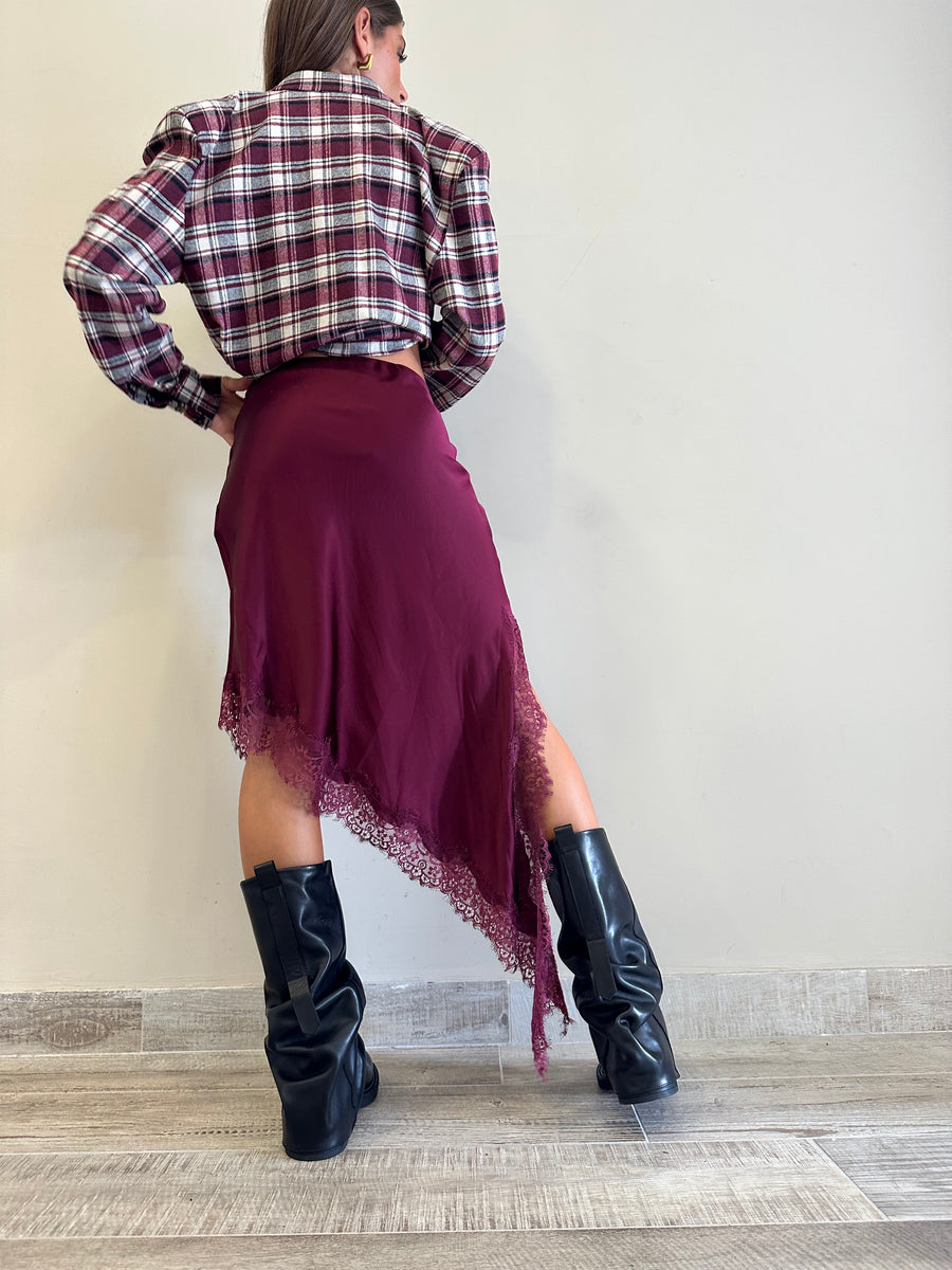 LMN gonna asimmetrica satin+pizzo bordeaux