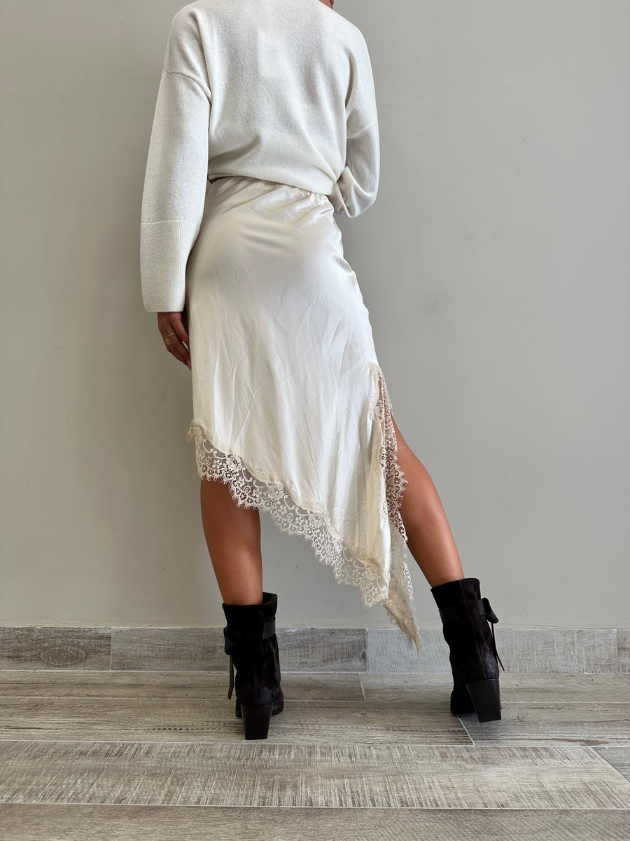 LMN gonna asimmetrica satin+pizzo burro
