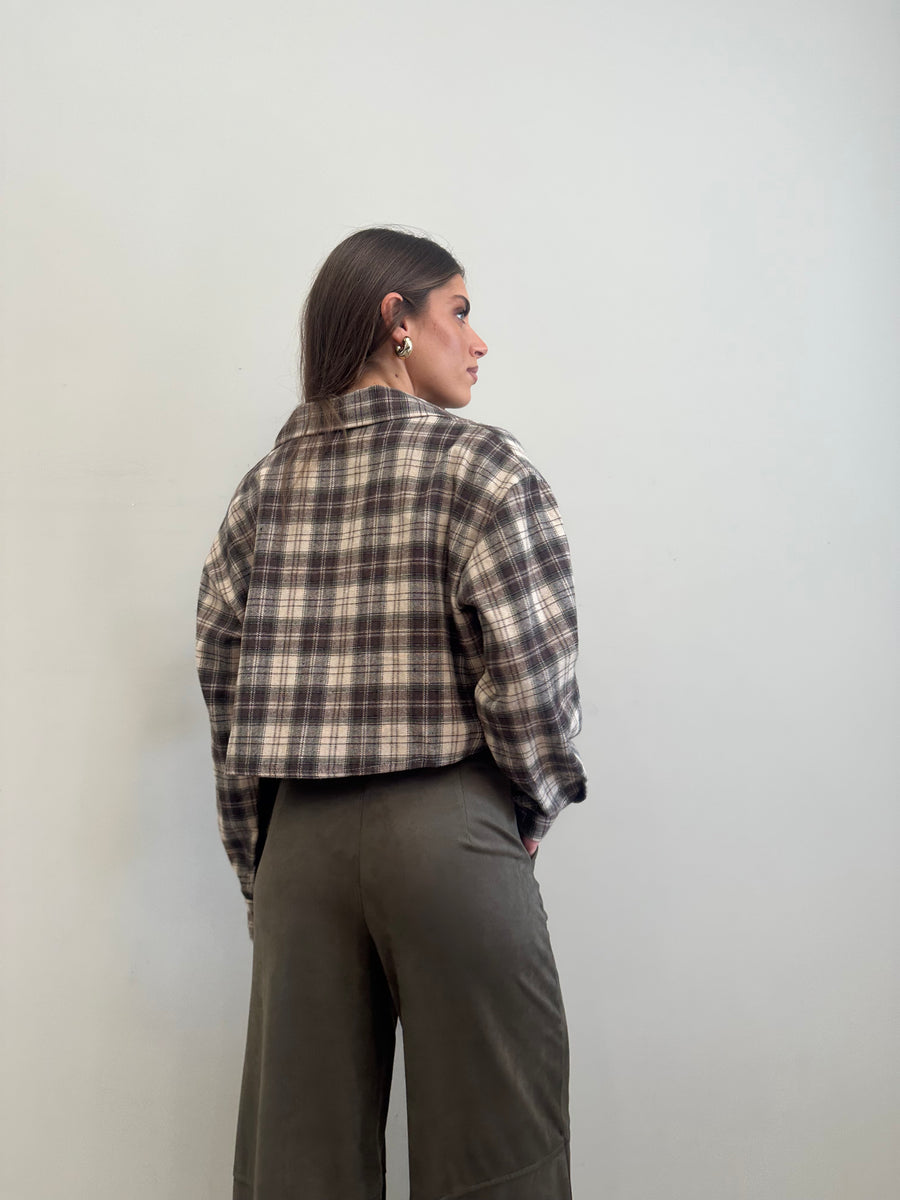 GIPSY INSIDE Camicia crop flanella quadri verde militare/panna/moro