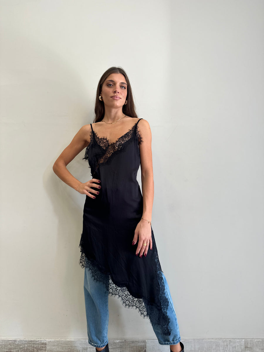 LMN Abito asimmetrico satin e pizzo nero