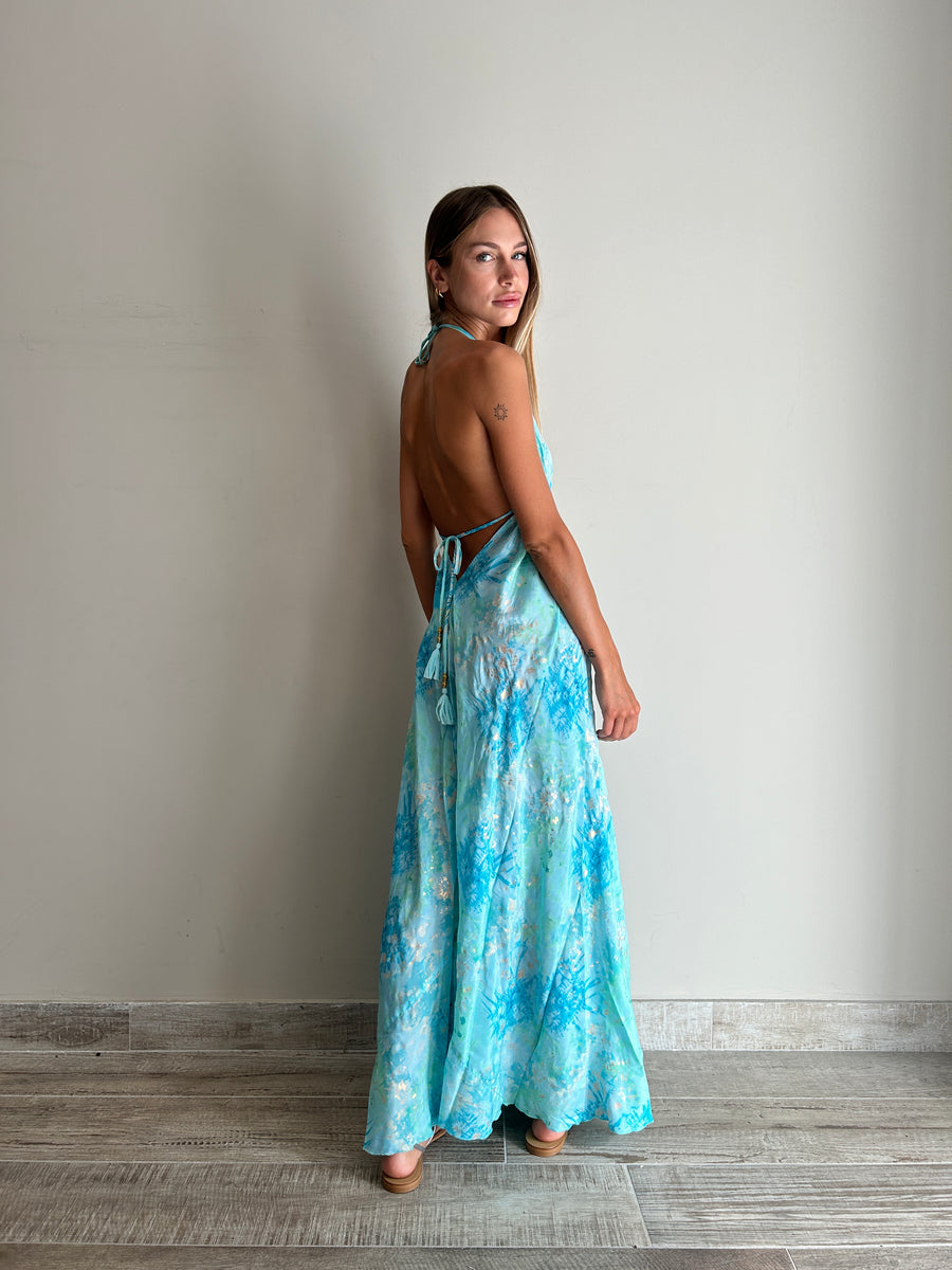 FREELOVE Abito lungo BEACH LONG seta Tie dye turquoise