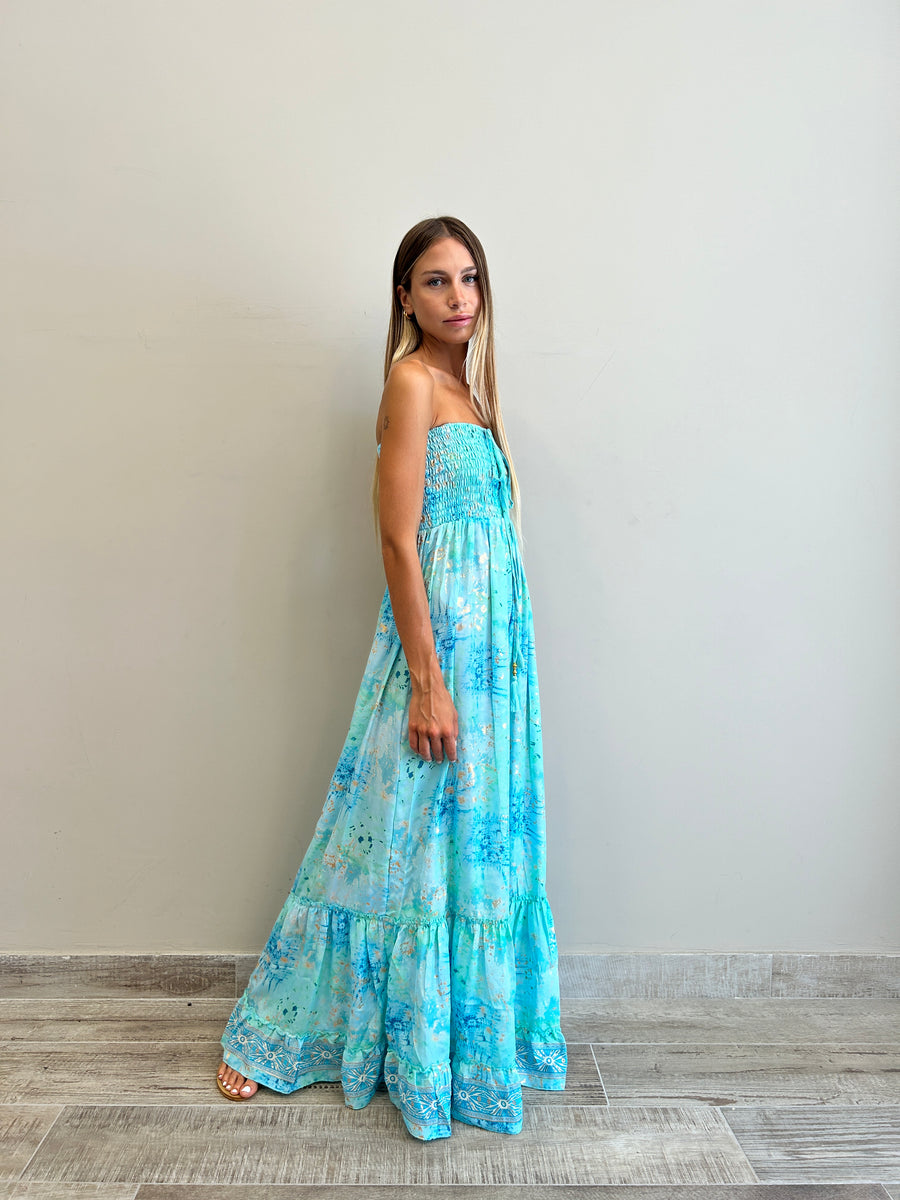 FREELOVE Abito lungo Lace seta Tie dye turquoise