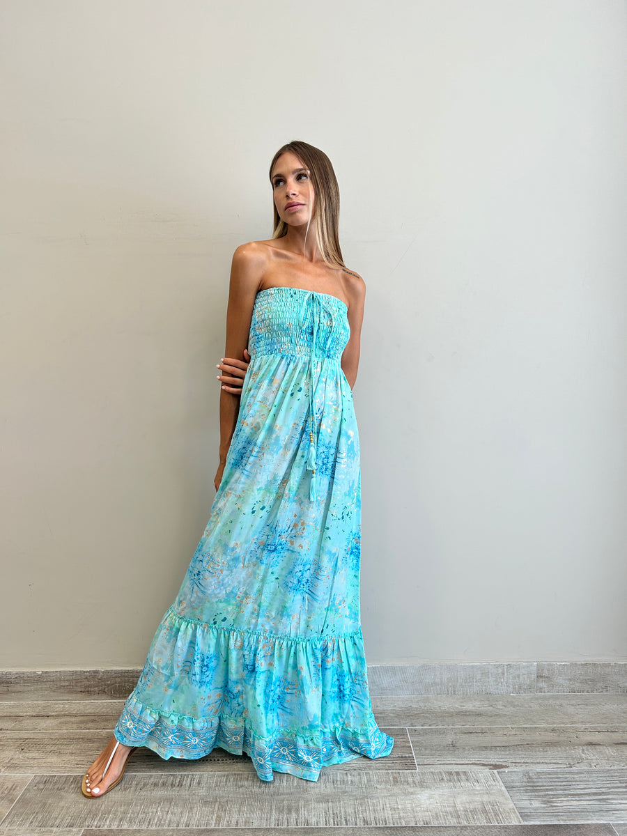 FREELOVE Abito lungo Lace seta Tie dye turquoise