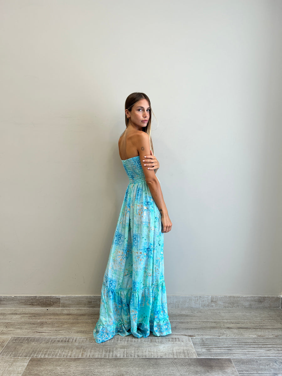 FREELOVE Abito lungo Lace seta Tie dye turquoise