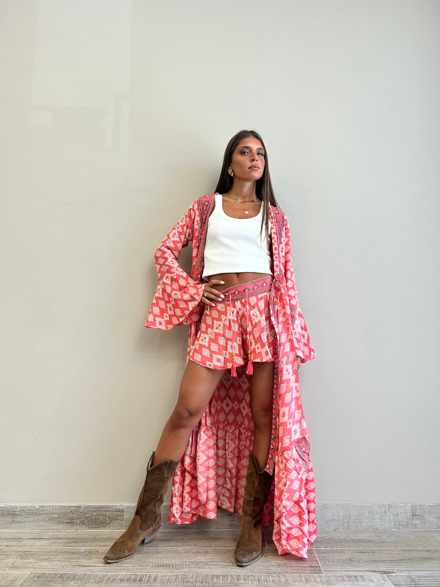 FREELOVE Abito Kimono seta Tribal coral