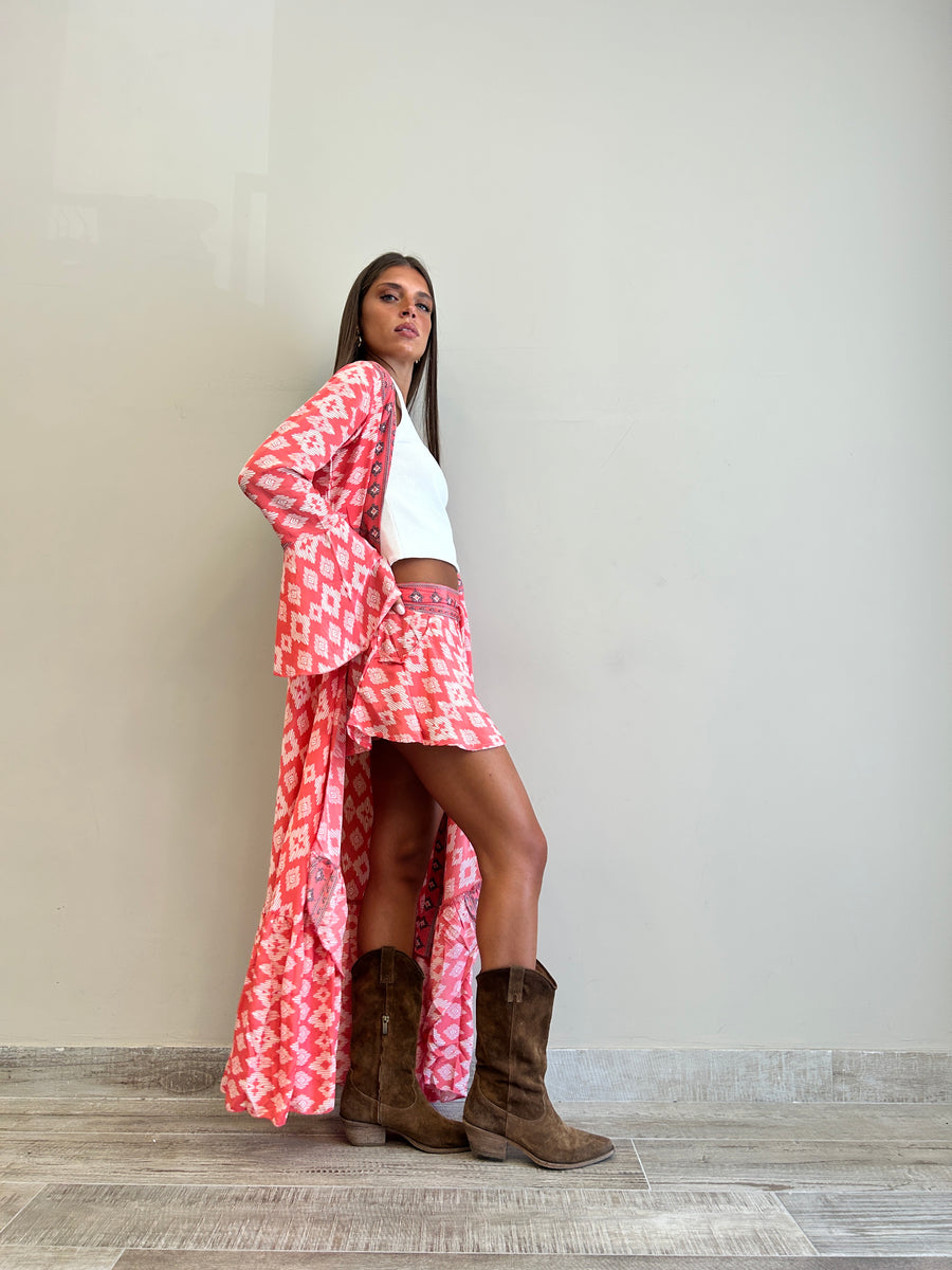 FREELOVE Abito Kimono seta Tribal coral