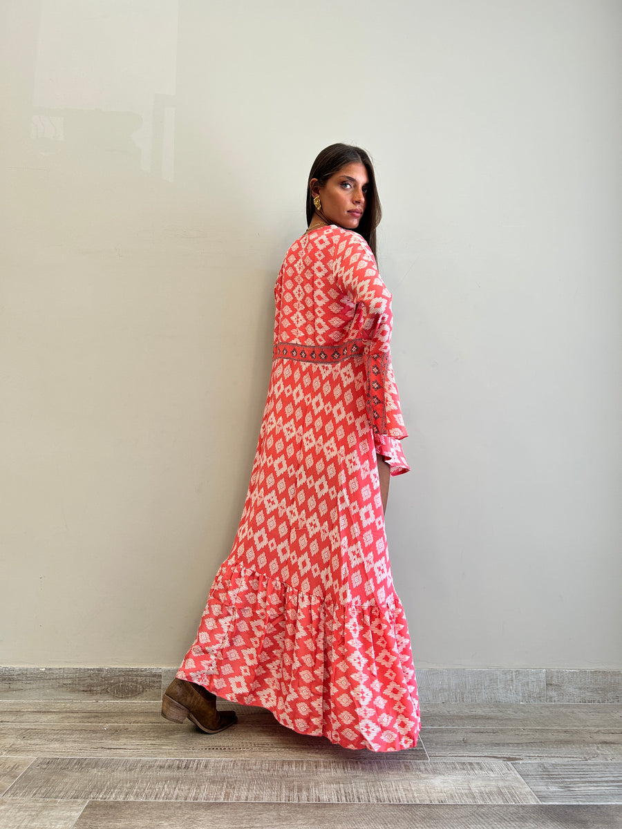 FREELOVE Abito Kimono seta Tribal coral
