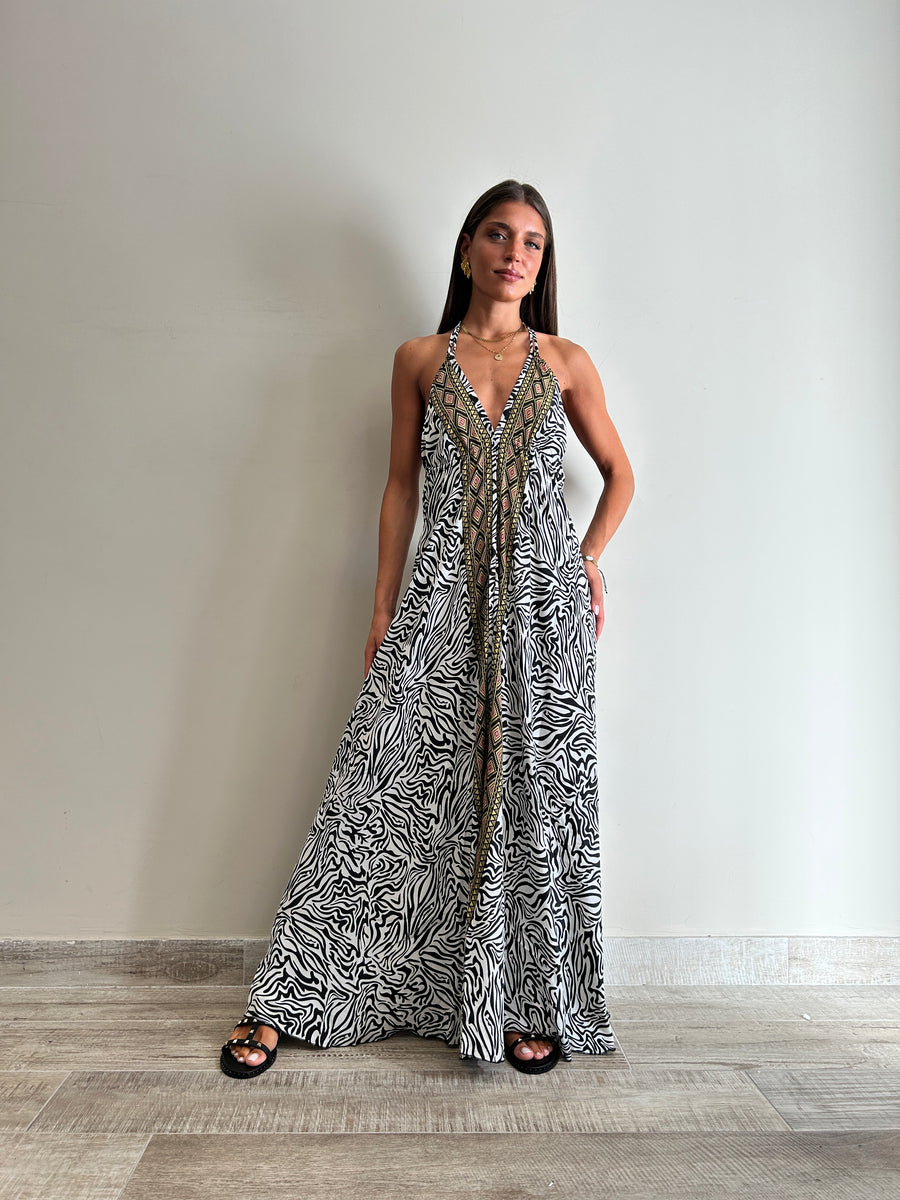 FREELOVE Abito lungo BEACH LONG seta Zebra Black