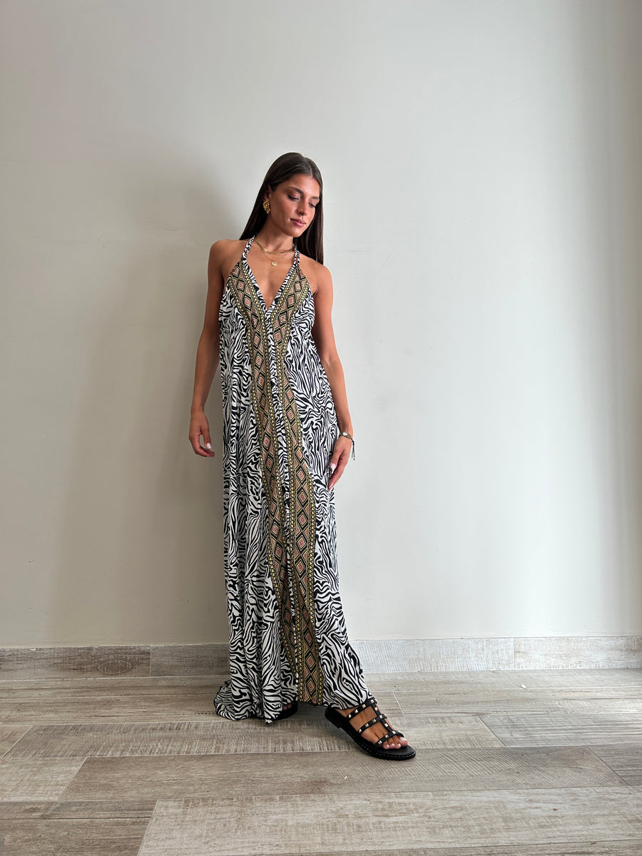 FREELOVE Abito lungo BEACH LONG seta Zebra Black